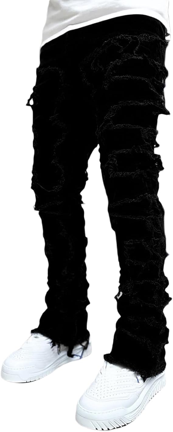 Mens Stacked Jeans Slim Fit Ripped Jeans Y2K Skinny Flared Destroyed Denim Pants Goth Harajuku Emo Hip Hop Jeans