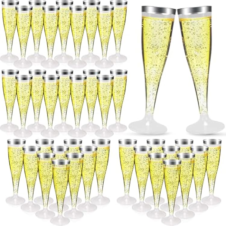 100 Pack Plastic Champagne Flutes,4.5 oz Silver Rim Plastic Champagne Glasses,Clear Disposable Champagne Flute,Disposable Toasting Glasses for Parties, Weddings