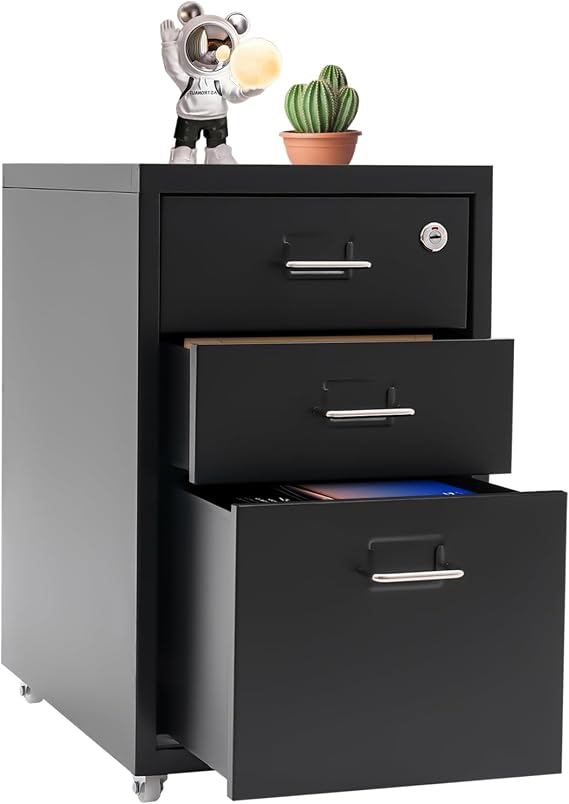 3-Drawer Mobile File Cabinet with Lock, Metal Under Desk File Cabinet with Wheel, Locking Vertical File Cabinet Rolling Office Cabinets for Home Office (Black)