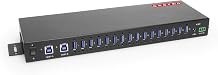 Gearmo 16-Port Rack Mount USB Hub - Powered USB 3.0 Type A Ports, Dual Upstream Ports, 5Gbps Speed, ESD Surge Protection, 1U Rack Industrial USB Hub
