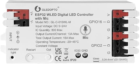 GLEDOPTO ESP32 WLED LED Strip Controller with Mic Microphone Music Dynamic Mode RGB IC DIY Lighting App Easy Wiring for WS2811 WS2812 SK6812 TM1814 WS2813 WS2815 Addressable FCOB Strip Light