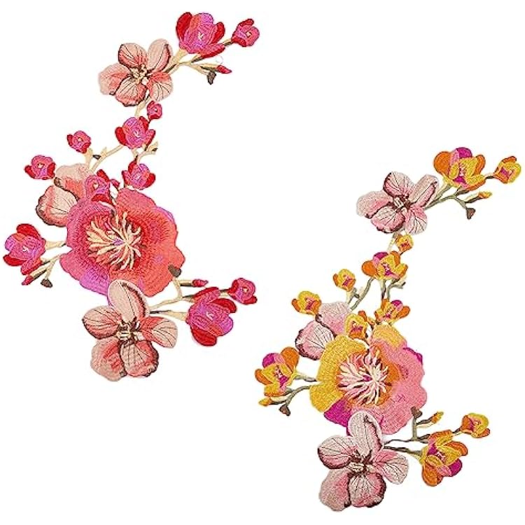 2Pcs Peony Flower Embroidered Patch 23.6 Inch Long Sew on Patch Applique Big Repair Patches for Clothes Dresses Bag Pants Hats DIY Craft Decorative