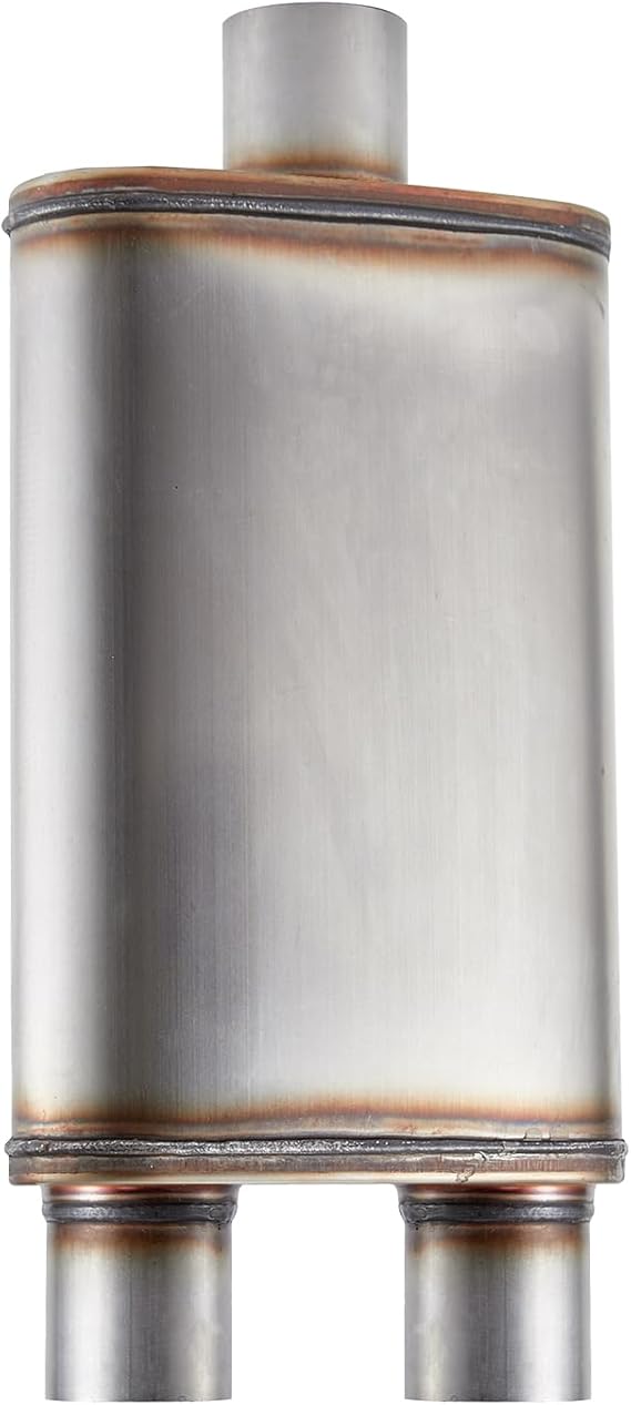 Universal 409 Stainless Performance Exhaust Muffler, single in dual out muffle (3 in inlet 2.5 in dual outlet)