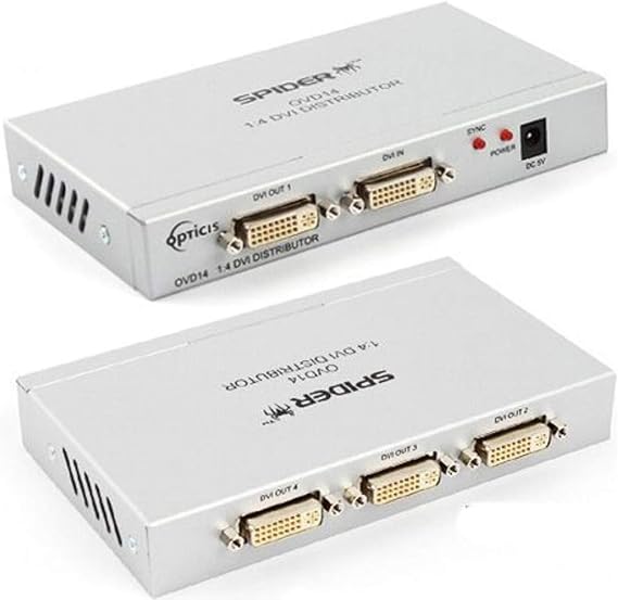OVD14 Spider 1:4 DVI Distributor; Built-in EDID and HDCP Bypass Ensures Each Output Can Be Displayed Independently; Supports Up to WUXGA (1920x1200), at 60Hz and HD 1080p (1920x1080)
