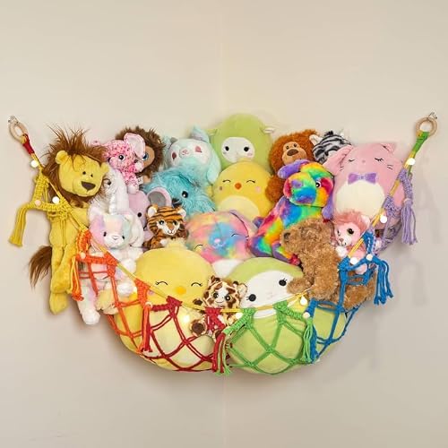 Lillys Love Stuffed Animal Storage Macrame Hammock wString Lights - Large, 2 Pack - Boho Decor Toy Storage - Corner Hanging Plushie Stuffed Animal Net Organizer Rainbow