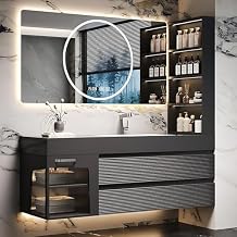 Modern Luxury Bathroom Vanity - with Sink and LED Anti-Fog Mirror | Seamless Ceramic Sink | Wall Mounted Solid Wood Bathroom Vanity Cabinet | with Open Storage Cabinet(Square Mirror-A,36 in)