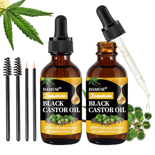 DAMUSI Jamaican Black Castor Oil, Organic Cold Pressed Unrefined Glass Bottle Natural Pure Organic Black Castor Oil for Hair Growth Eyelashes Eyebrows Skin Care Oil 4.04 Fl Oz