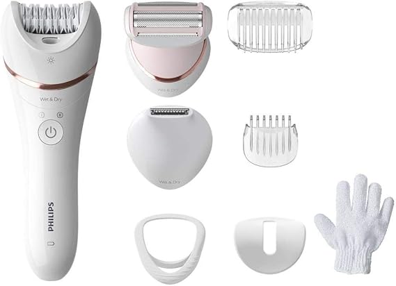Philips Epilasyon Cihazı, Islak ve Kuru Kablosuz Kullanım, LED Işık, Ekstra Geniş Başlık, Hassas Bölge ve Düzeltme Başlığı, Bikini Tarağı, 7 Aksesuar Dahil, Beyaz Renk, BRE720/05