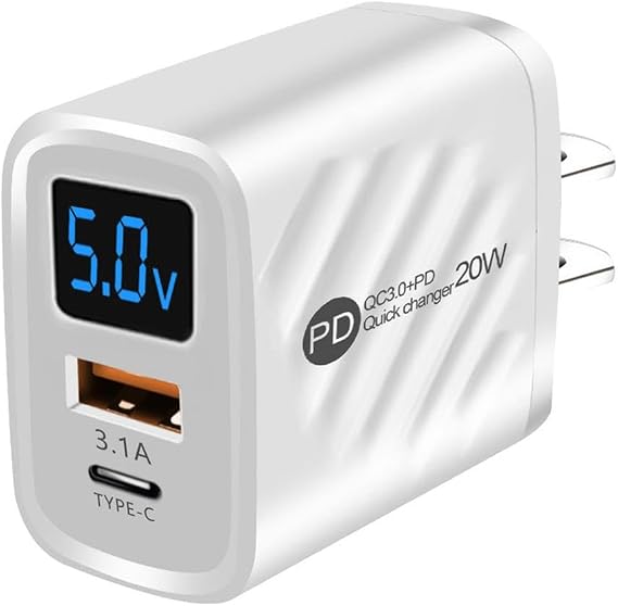 PD20W Charger, Adapter, 2 Ports, Type-C + USB Ports, Rapid Charging, USB PD Compatible, LED Digital Display, Stability, Safety, Outlet, Converting Adapter, Smartphone Charger, High Speed USB