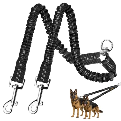 MingXpet 2 Dog Leash, Dog Leash for 2 Dogs, 360 Swivel No Tangle Double Walking Training Leashes for Large Dogs That Pull, Comfortable Shock Absorbing Reflective Bungee, Black