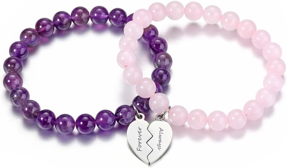 Zysta Personalized Custom Matching Heart Puzzle Piece Bracelets for Best Friend 2/3/4 Pieces 8mm Natural Stone Beads Healing Crystals Stretch Bracelet BFF Bracelet Set for for Sisters Besties Women