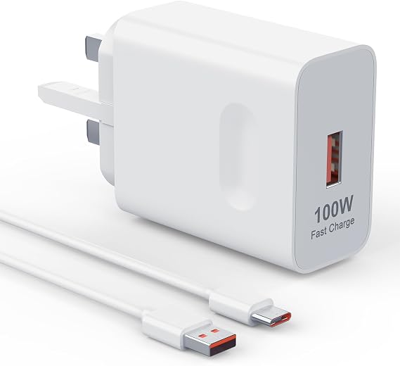 100W Huawei SuperCharge Fast Charger, 6A USB A to C Cable UK Plug Adapter