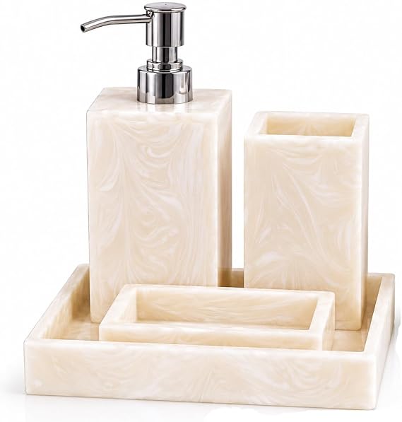 Stylish Luxury Bathroom Sets Stone - Bathroom Accessories Decor/Soap Dispenser, Tooth Brush Holder and Soap Dish and Towel Tray Set of 4 Rustic Vintage Home Decor Gifts