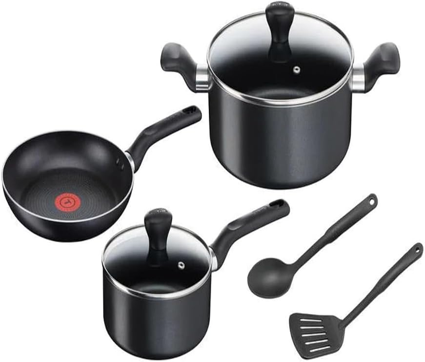 TEFAL 7 Parça Tencere Seti | Super Cook | Tava 24 cm/Tencere 18 cm+Kapak/Güveç 24 cm+Kapak/Kaşık/Oluklu Spatula | Yapışmaz Termo Sinyalli | Alüminyum | Siyah | 2 Yıl Garanti | B459S784