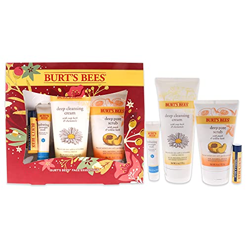 Burts Bees Holiday Gift, 4 Face Care Stocking Stuffer Products, Skin Care Essentials Set - Deep Cleansing Cream, Deep Pore Scrub, Hydrating Overnight Mask & Vanilla Bean Lip Balm Old Version