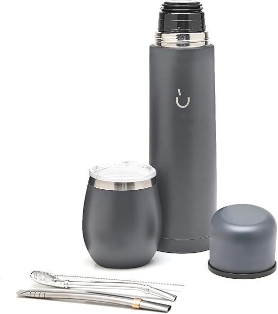 Balibetov Complete Yerba Mate Set - Modern Mate Gourd, Vacuum Flask, Bombilla and Cleaning Brush Included - All Premium Quality 304 18/8 Stainless Steel (Grey)