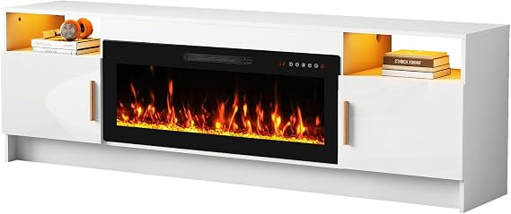 Quiniver 36" Electric Fireplace TV Stand 2 in 1 Entertainment Centre White | Two heating modes, custom flame visuals, timer function, quiet operation, overheat safeguard, LED, ample storage space