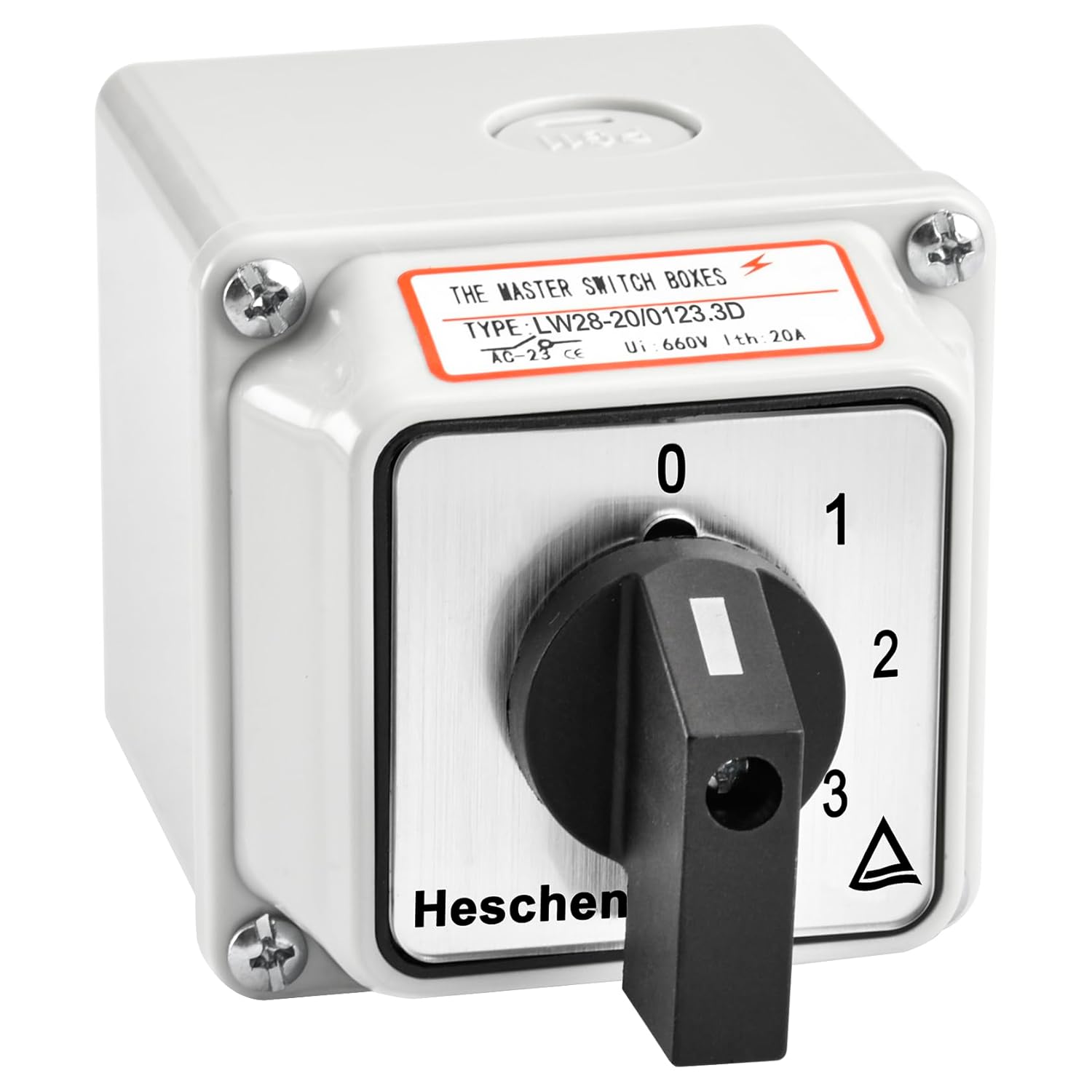 Heschen Universal Rotary Cam Selector Diverter Switch, LW28-20/0123.3D, 660V 20A, 4 Position, 3 Phase, 12 Terminals, CE, Master Switch with Outer Box LW28-20/4