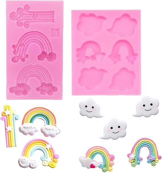 Fewo Rainbow and Cloud Fondant Molds Silicone Gum Paste Polymer Clay Resin Sugar Craft Mould Birthday Party Baby Shower Cake Cupcake Decorating Tools Favors (Set of 2)