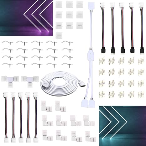 LED Light Connector Kit 4 Pin 5050 RGB Strip Lights Connector 10mm, LED Strip Light Extension Cable, L and T Shape connectors, Led Strip Splitter, Led