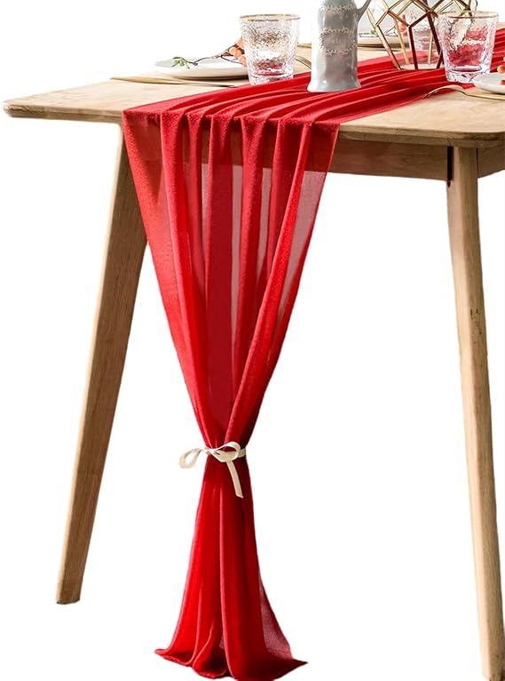 BOXAN 30x120 Inch Red Sheer Table Runner for Valentine, Wedding Anniversary, Marriage Proposals Engagements Galentines Party Mother's Day Table Swag Valance Reception Decor