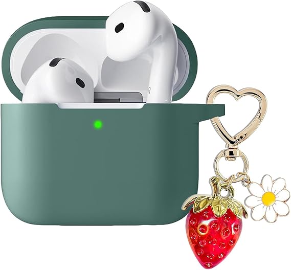 for Airpods 4 Case Cover with Cute Strawberry Charm Heart Keychain,Soft Silicone Protective Case Daisy Key Chains Accessories for Apple Airpods 4th Generation Case for Women Men Pine Green
