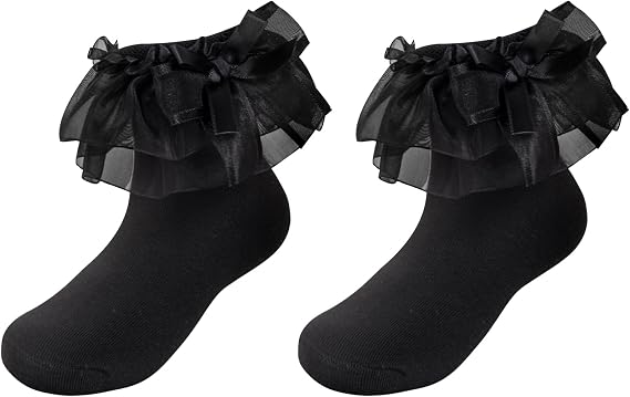 Pistha 2 Pairs Girls Ruffle Frilly Socks with Bows