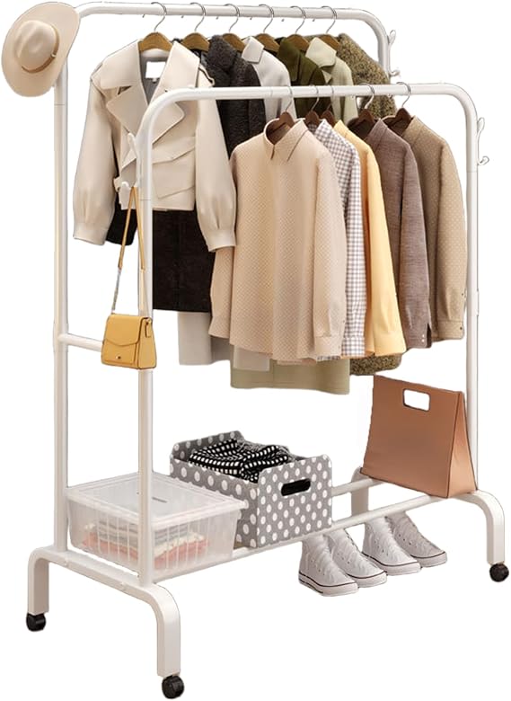 Clothes Rail, Double Rods Clothes Rail with Anti-Slip Stoppers, Rustproof Clothes Rack with Shoes Shelf & Hooks, Heavy-Duty Clothing Rail for Laundry Entryway Bedroom Shop 110 x 52 x 155 cm (White)