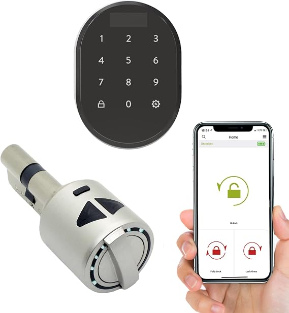 Desi Utopic R Motorlu Silindir Akıllı Kilit, Telefondan Kontrol ve Şarj Edilebilir Pilli Akıllı Kapı Kilidi - Kolay Montaj, Deliksiz Montaj (Utopic R + Tuş Takımı)