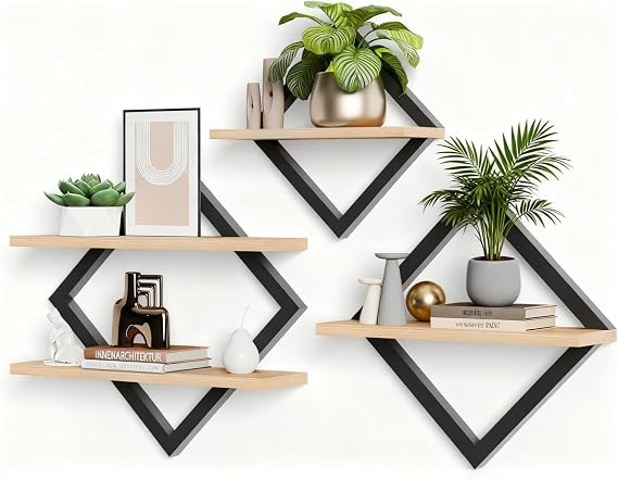 3Pcs Floating Shelves, Wall Shelves, Diamond 2-Tier Hanging Shelves Set for Kitchen, Bathroom, Office and Home Decoration,Rustic Brown