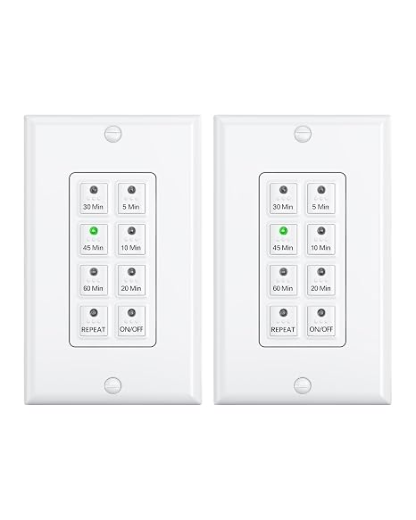 BN-LINK 60 Min Countdown Timer Switch for Bathroom Exhaust Fan Light Heater | Preset Push Button 5-10-20-30-45-60mins, 15A, 1/2HP, Neutral Required, Wall Plate Included, White, ETL Listed, 2 Pack