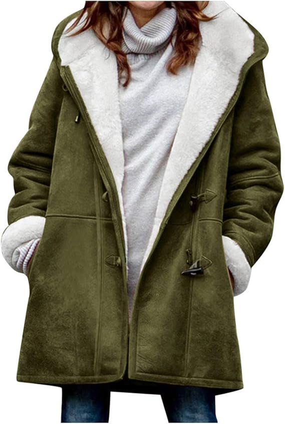 Winter Warm Fleece Lined Jackets for Women Trendy Parka Coat Composite Plush Horn Button Hooded Outerwear