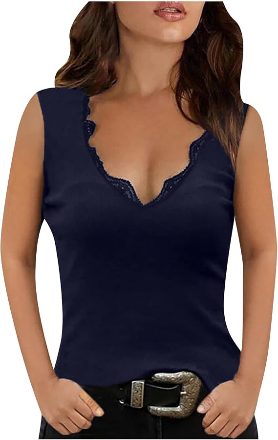 Womens Lace Patchwork V-Neck Tank Top Slim-Fit Sleeveless T-Shirt Pullover Vest Trendy Solid Color Basic Tees