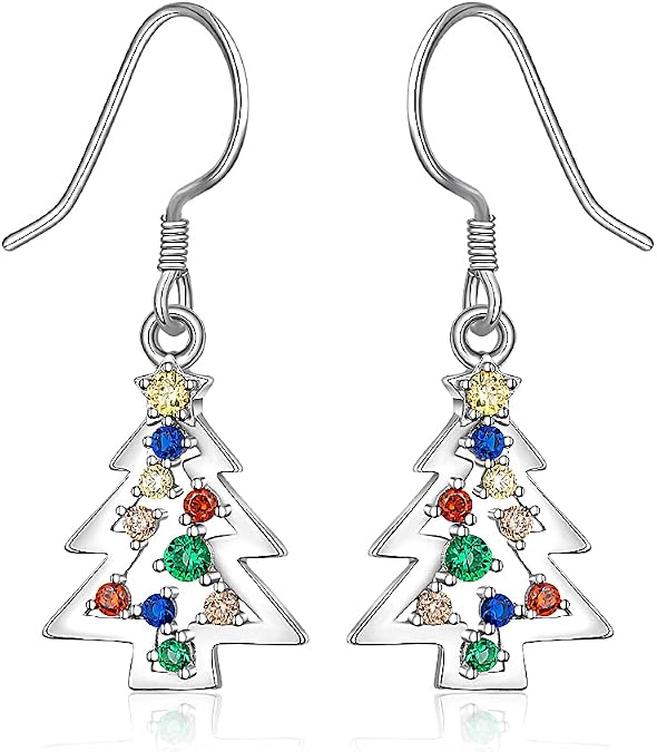 Christmas Tree Dangle Earrings Drop Star S925 Sterling Sliver for Women Colorful CZ Hypoallergenic Piercing Cute Fish Hook Festive Winter Holiday Jewelry Xmas Gift