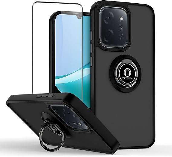 QUIETIP Case for Redmi 15C/Poco C85 with Screen Protector,Translucent Matte Drop Magnetic Ring Car Mount Stand Cover,Black