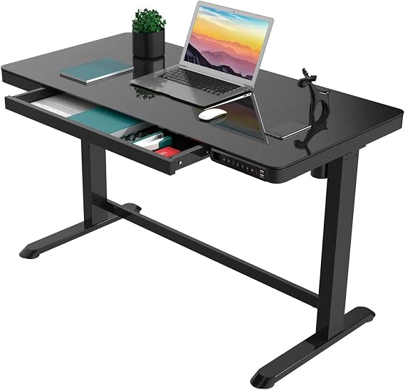 Rise Up Glass Electric Standing Desk Adjustable Height, 23.7x45.3 Glass Top Standing Desk with Drawer & Usb Charge Port Outlets, Sit Stand Table for Home Office, Stand Up Computer Table, Black