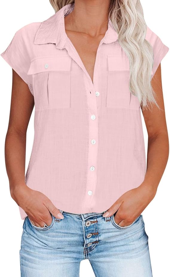 Womens Button Down Shirt Front 2 Pockets Cotton Short Sleeve Pullover Slim Casual Solid Button Down Lapel T Shirt