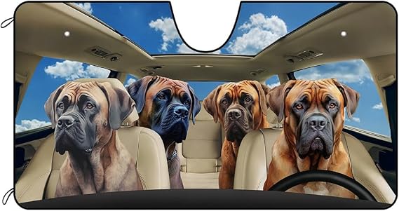 Dog Car Front Windshield Sunshade Boerboel Blue Sky Decor Vehicle Sun Shade Visor UV Ray Reflector Sun Protector, Keep Vehicle Cool, 51" x 26.8"