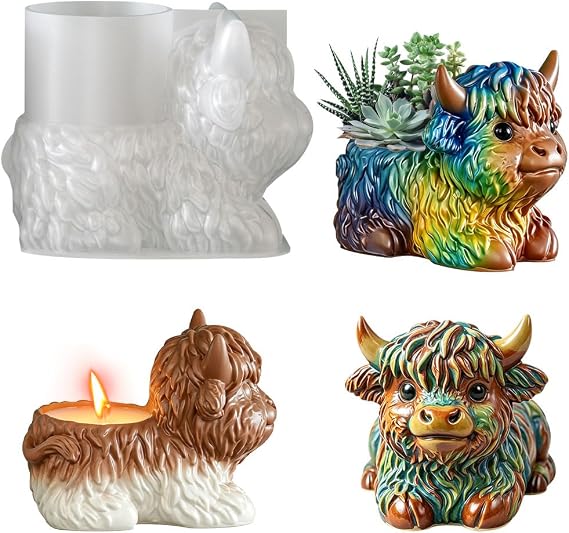Highland Cow Shape Silicone Resin Molds, 3D Flower Planter Pot Epoxy Casting, Farm Animal Candle Holder Jar Mold, DIY Pen Holder Succulent Storage Box Organizer Art Gift Home Decor (Cattle Mold)