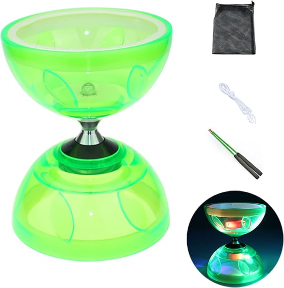 Diabolo Chinese Yoyo Set ,Triple Bearing Diabolo Chinese Yo-yos Juggling Toys with Colorful LED Diabolo with Diablo Sticks, Diabolo String&Net Bag, Easier Start/ Faster/ Stable&Lasts Longer (Green)