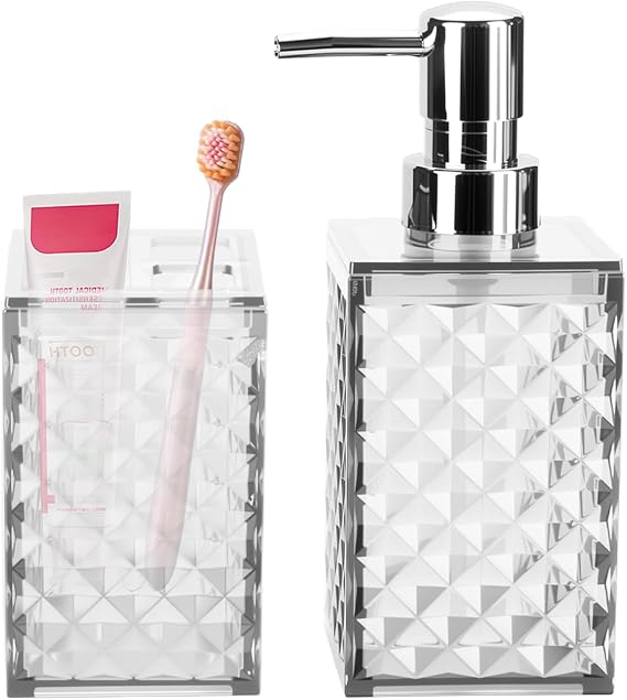 RRM White Bathroom Accessories Set, Soap Dispenser and Toothbrush Holder