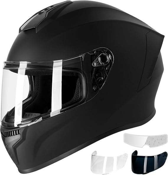 Favoto Full Face Motorcycle Helmet DOT Approved, Cascos Para Motos Snowmobile Dirt Bike Helmet for Adults Men Women, Anti-Fog Film Included, Black, Medium | ABS shell, dual visor clear+tinted, anti-fog film, for men women, snowmobile dirt bike street, Black, size M 57-58cm