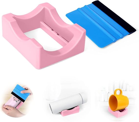 Silicone Cup Cradle for Tumblers with Built-in Slot Tumbler Holder for Crafts Use to Apply Vinyl Decals for Crafting Tumblers Anti-Slip Tumbler Stand Cup Holder with Felt Edge Squeegee (Pink)