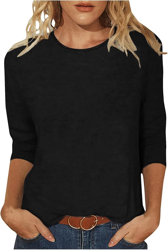 Firzero Plus Size Blouse for Women Dressy 3/4 Sleeve T Shirt Fashion Solid Round Neck Casual Tops 2024 Trendy Loose Tees