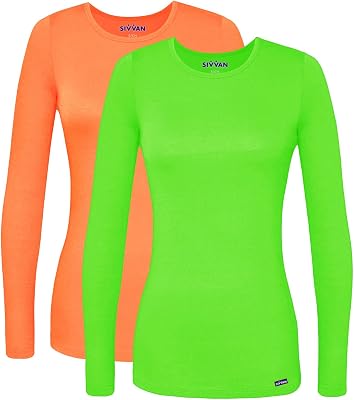 Sivvan Scrubs for Women - Long Sleeve Comfort Underscrub Tee Multicolor 2-Pack - S85002M - Neon OrangeNeon Lime Green - L