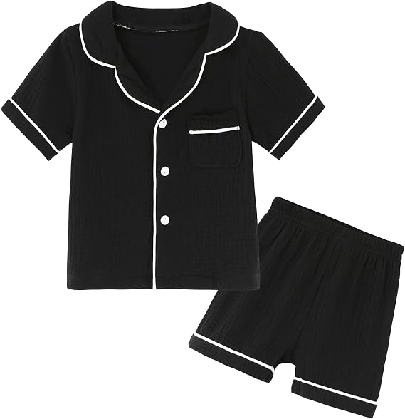 Kids Short Sleeve Pajama Set 100% Cotton Button Down Sleepwear Little Big Girls Boys Summer Soft Lounge Set 3-9 Years