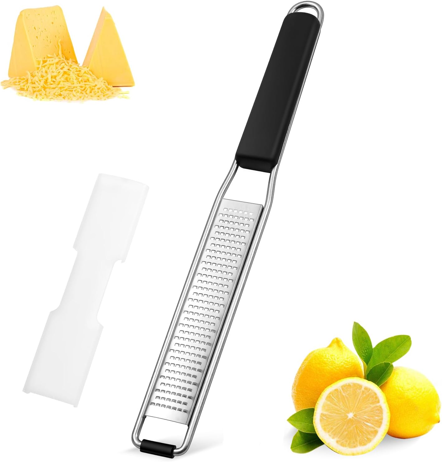 Diboniur Cheese Grater &amp; Lemon Zester, Easy to Grate Parmesan Cheese, Lemon, Ginger, Garlic, Nutmeg, Chocolate, Sharp Stainless Steel Blade, Silver