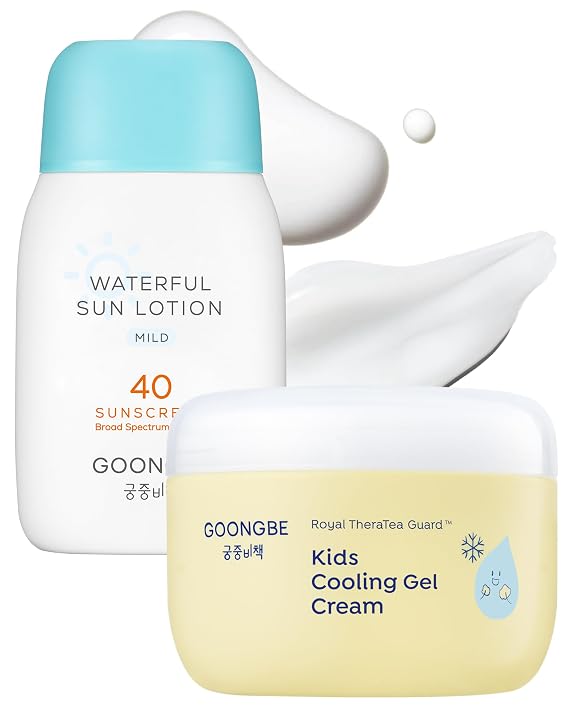 GOONGBE Kids Sun Lotion SPF 40 & Cooling Gel Cream - Zinc Oxide Mineral Sunscreen & 3-Second Soothing Relief - Korean Skincare for Sensitive Skin - Vegan Hypoallergenic, 2.82oz & 3.38oz