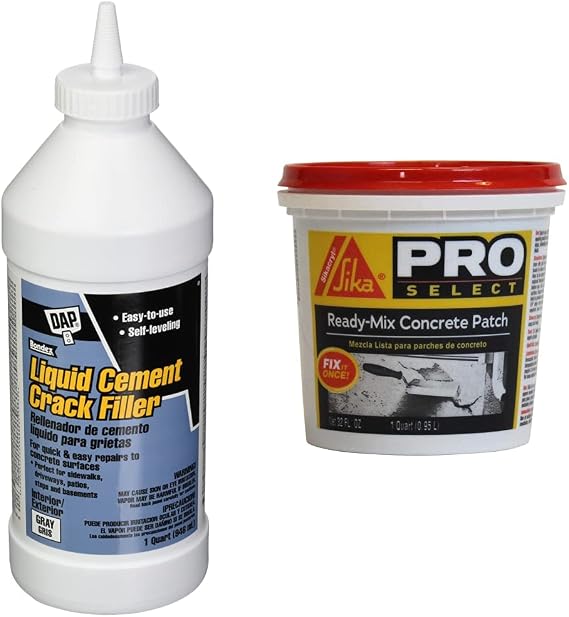 DAP 37584 Liquid Cement Crack Filler, 1 quart, Gray & Sikacryl Ready-Mix Concrete Patch, Gray. A ready to use, textured patch for reparings spalls and cracks in concrete and masonry, 1 Qt