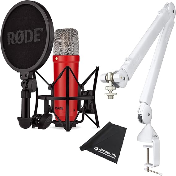 Rode NT1 Signature Red Studio Microphone + PSA1 W Plus Articulated Arm Tripod White + Keepdrum Microfibre Cloth